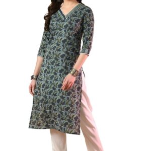 Front view of floral print kurti v-neck by FERANOID