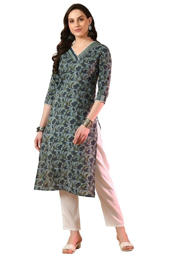 Front view of floral print kurti v-neck by FERANOID