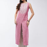Front view of printed cotton blend A-line kurta white & pink for women