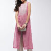 Full view of printed cotton blend A-line kurta white & pink showcasing calf-length fit