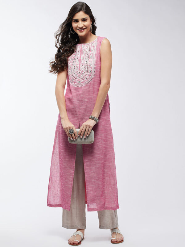 Full view of printed cotton blend A-line kurta white & pink showcasing calf-length fit