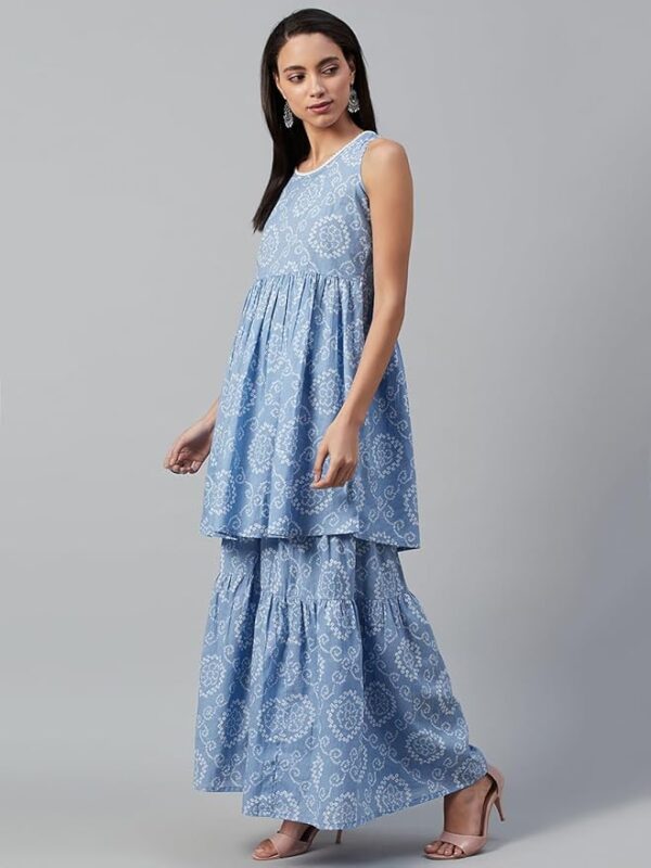 Yuris Women Blue White Bandhani Printed Pure Cotton Kurta with Sharara Dupatta