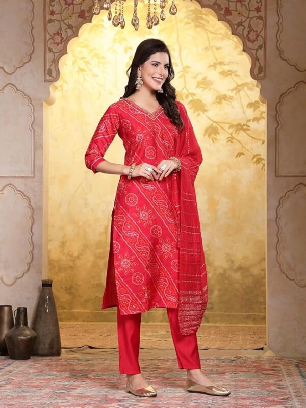 Stylum Silk Blend Women's Bandhej Printed Muslin Straight Kurta Pant With Dupatta Set