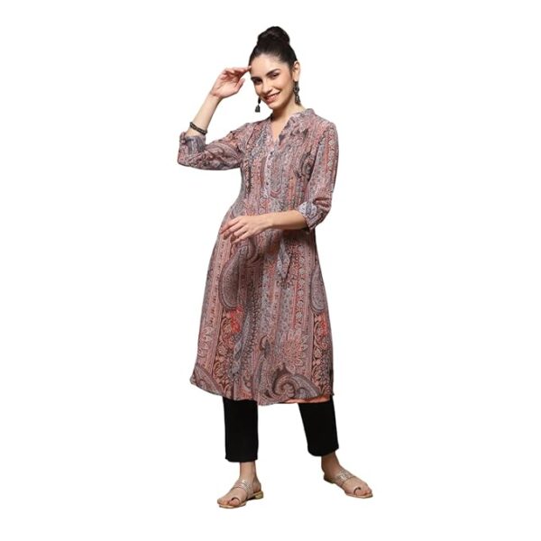 Biba Peach-Blue Printed Kurta for Women – 3/4 Sleeve, Knee-Length Style