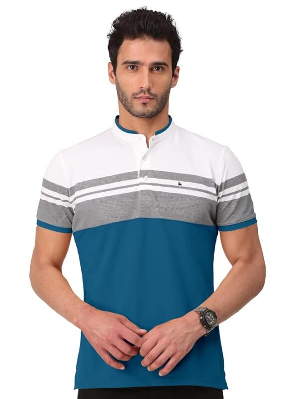 Bullmer Turquoise Blue Henley Neck T-Shirt for men – Cotton Blend, Mandarin Collar, Colorblock Design