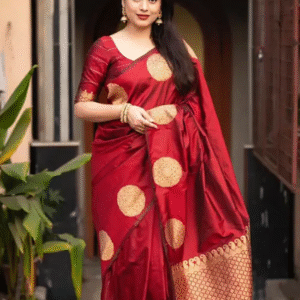 ANJANEYA SAREES Floral Woven Banarasi Saree with Contrast Border Red