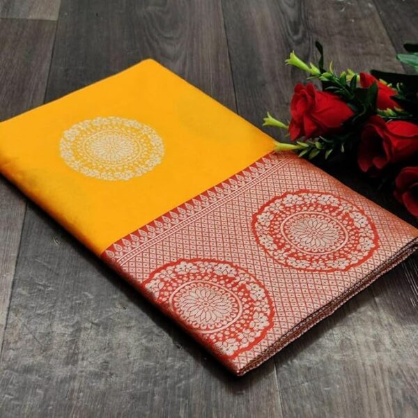 Anjaneya Sarees Woven Banarasi Silk Blend Yellow Saree