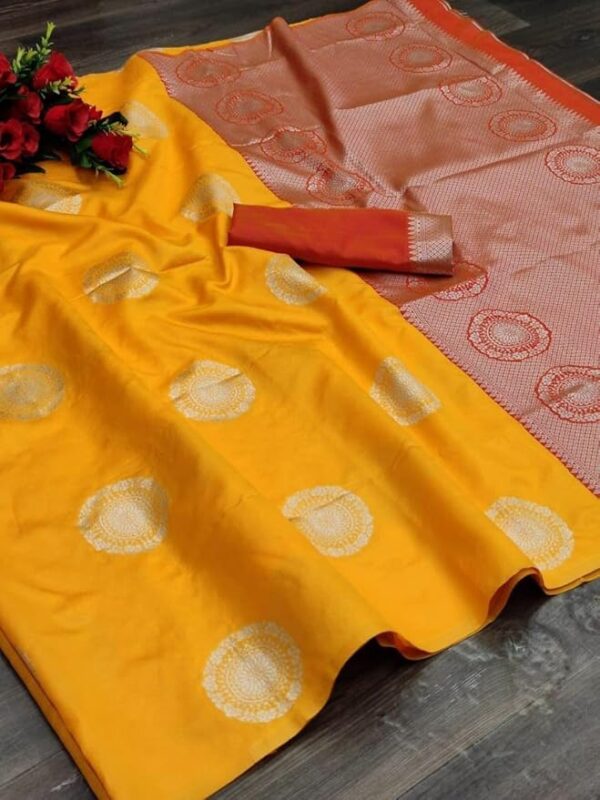 Anjaneya Sarees Woven Banarasi Silk Blend Yellow Saree
