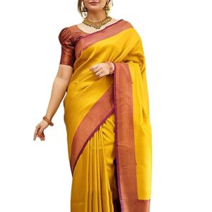 Anjaneya Sarees Woven Kanjivaram Banarasi Silk Designer Saree With Blouse Yellow