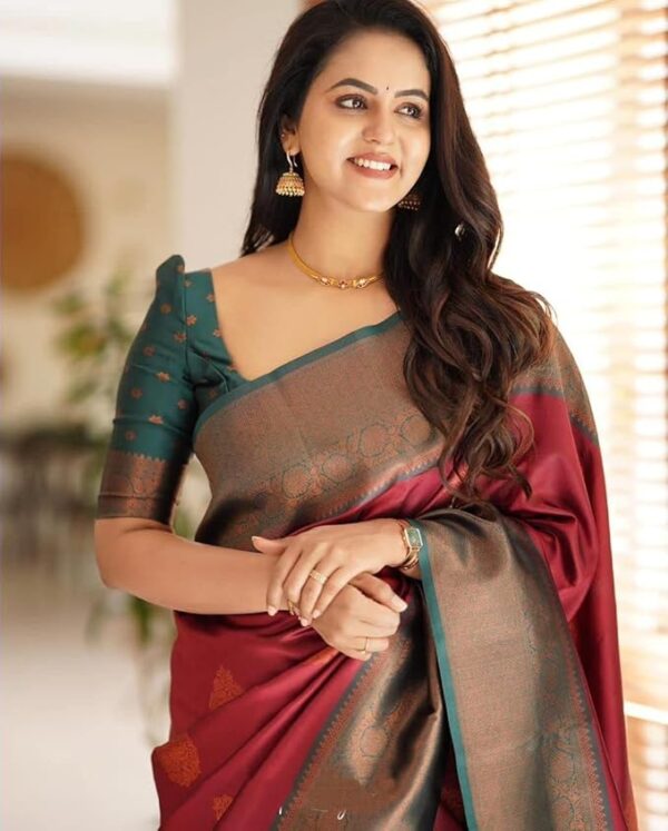 Anjaneya Sarees Woven Kanjivaram Silk Blend Maroon Saree