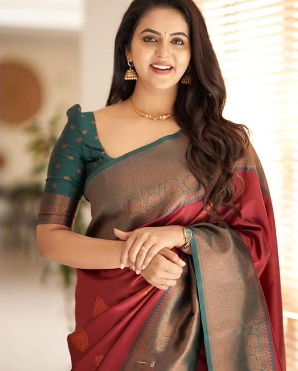 Anjaneya Sarees Woven Kanjivaram Silk Blend Maroon Saree