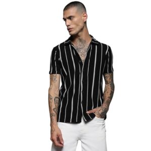 Campus Sutra Mens Black & White Pencil Striped Shirt