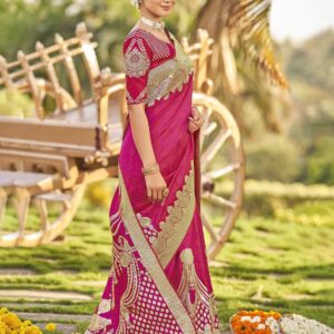 MANOHARI Banarasi Silk Saree with Tasseled Pallu in Rani Pink