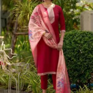 MOJILAA Embroidered Straight Kurta Set with Trousers and Dupatta