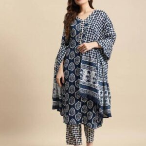 Prakhya Blue Printed Kurta with Palazzos and Dupatta – Cotton Blend Mirror Work Ethnic Set