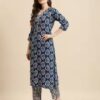 Prakhya Blue Printed Kurta with Palazzos and Dupatta – Cotton Blend Mirror Work Ethnic Set