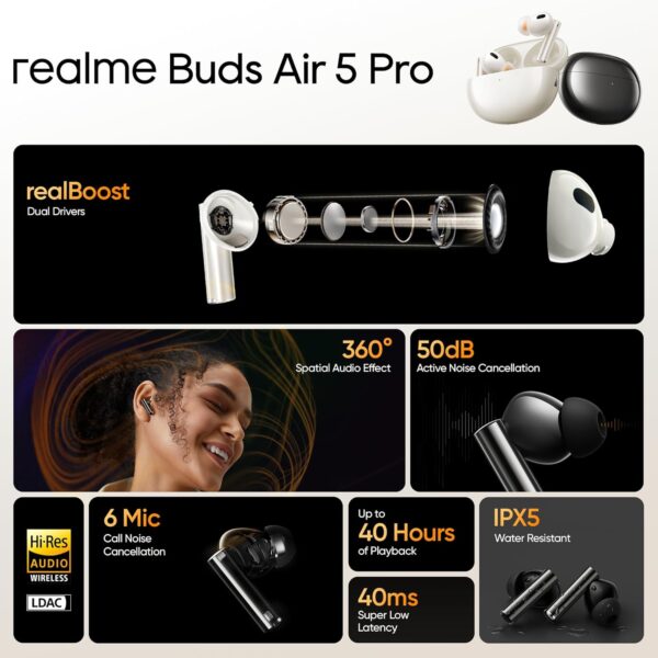 Realme Buds Air 5 Pro 50dB ANC 360 Spatial Audio 40 hours Playback