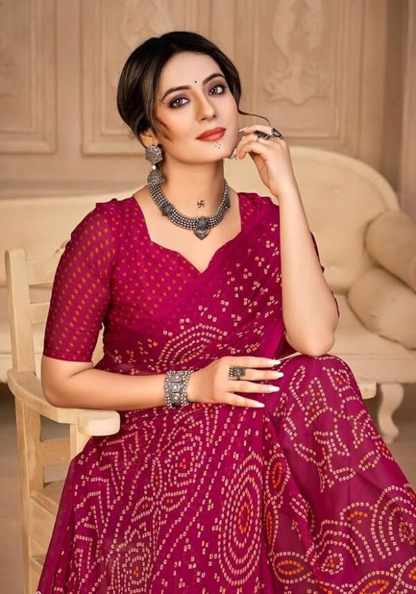 Reboot Fashions Chiffon Bandhani Geometric Printed Saree Red