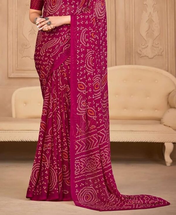Reboot Fashions Chiffon Bandhani Geometric Printed Saree Red