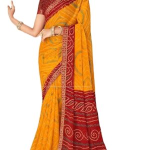 REBOOT FASHIONS Printed Bandhani Chiffon Saree Mustard With Blouse Piece