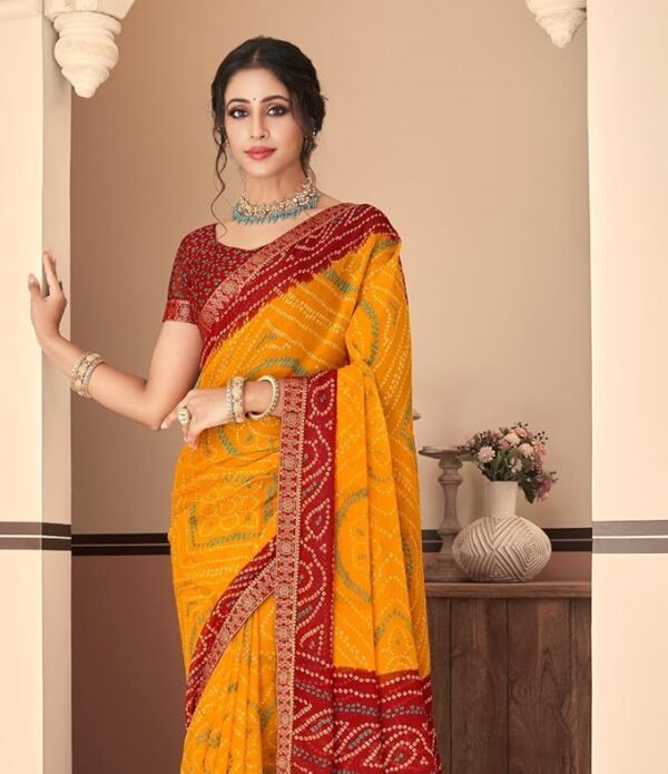 REBOOT FASHIONS Printed Bandhani Chiffon Saree Mustard With Blouse Piece