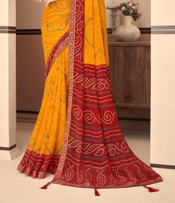REBOOT FASHIONS Printed Bandhani Chiffon Saree Mustard With Blouse Piece