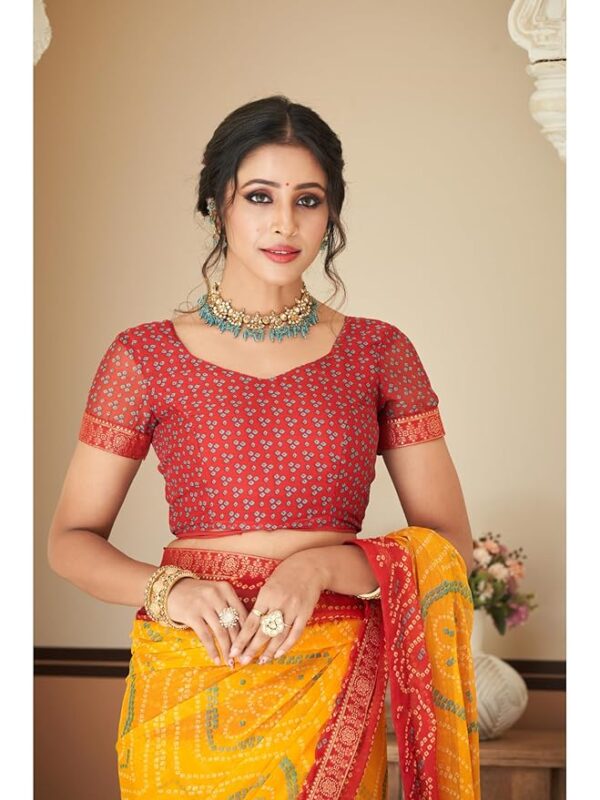 REBOOT FASHIONS Printed Bandhani Chiffon Saree Mustard With Blouse Piece