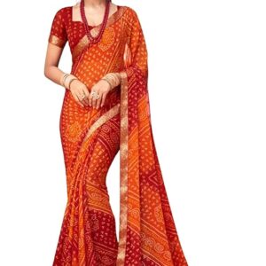 REBOOT FASHIONS Printed Bandhani Chiffon Saree Orange With Blouse Piece