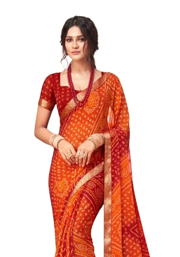 REBOOT FASHIONS Printed Bandhani Chiffon Saree Orange With Blouse Piece