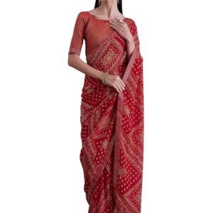 Saree mall Bandhani Printed Embellished Saree With Blouse Piece Red