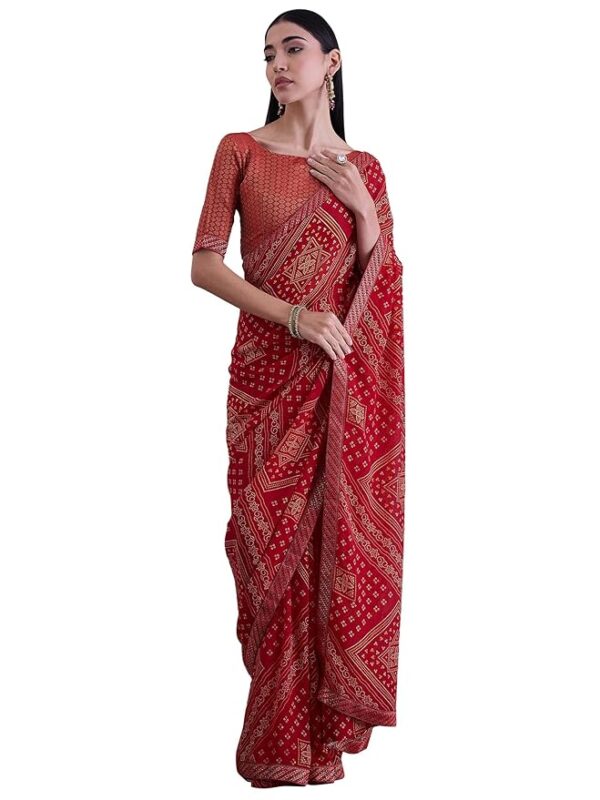 Saree mall Bandhani Printed Embellished Saree With Blouse Piece Red