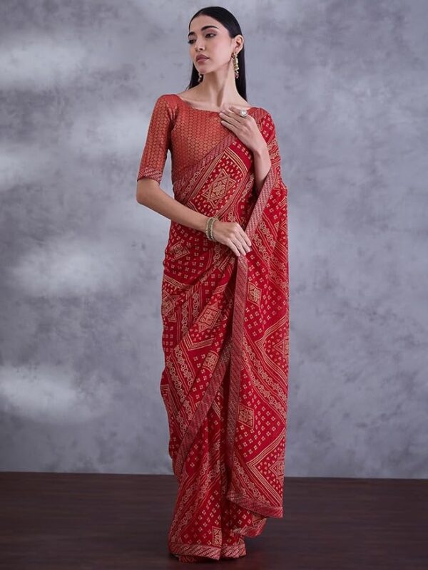Saree mall Bandhani Printed Embellished Saree With Blouse Piece Red