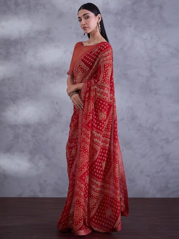 Saree mall Bandhani Printed Embellished Saree With Blouse Piece Red