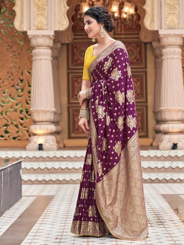 Satrani Dyed Woven Banarasi Silk Blend Saree Purple Gold