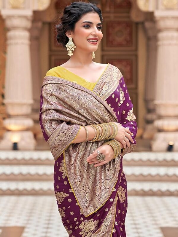 Satrani Dyed Woven Banarasi Silk Blend Saree Purple Gold