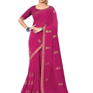 Satrani Embroidered Dyed Embellished Bollywood Georgette Saree Gold Pink