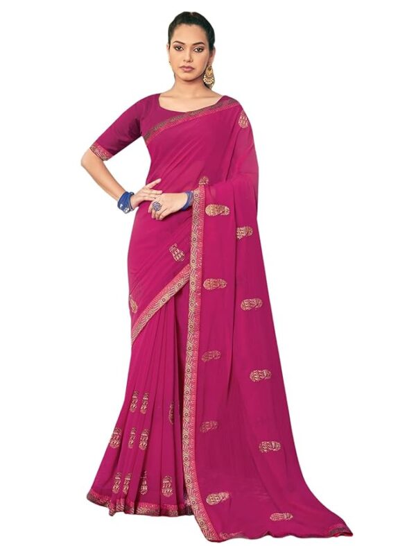 Satrani Embroidered Dyed Embellished Bollywood Georgette Saree Gold Pink