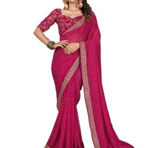 Satrani Printed Embroidered Embellished Leheria Georgette Saree Pink