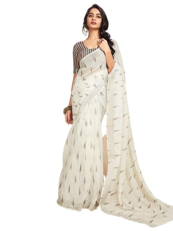 Satrani Ready to Wear Solid Plain Jamdani Pure Cotton Saree White