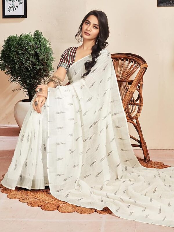 Satrani Ready to Wear Solid Plain Jamdani Pure Cotton Saree White