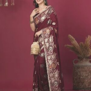 SATRANI Women Traditional Saree with Blouse Piece Red Maroon