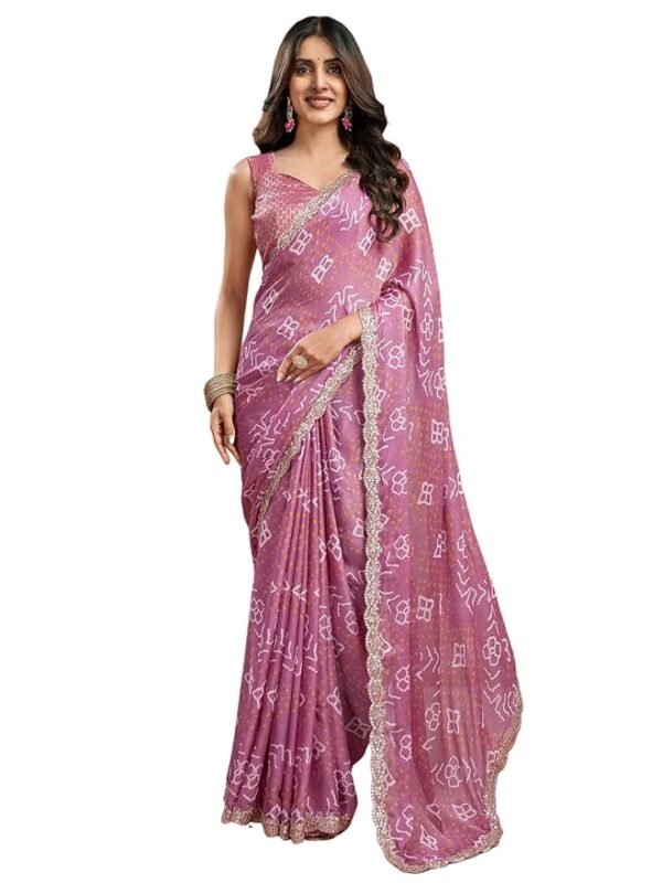 Satrani Women's Chiffon Printed Saree with Unstitched Blouse Piece