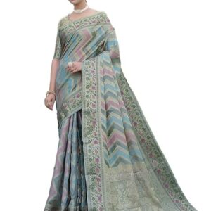 Satrani Woven Embellished Ikkat Organza Jacquard Saree Grey Multicolor