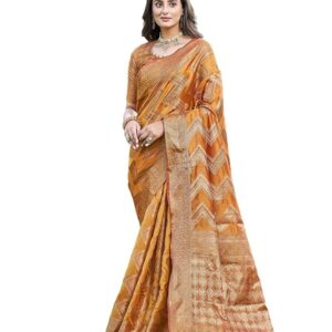 Satrani Woven Embellished Ikkat Organza Jacquard Saree Yellow Gold
