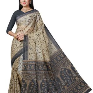 SHANVIKA Beige Charcoal Floral Pure Cotton Block Print Saree