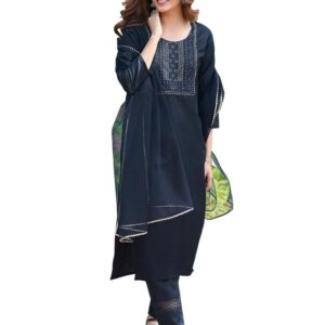 SKYLEE Sequence Embroidery Cotton Straight Kurta with Dupatta – Navy Blue Cotton Blend with Embroidery and Lace