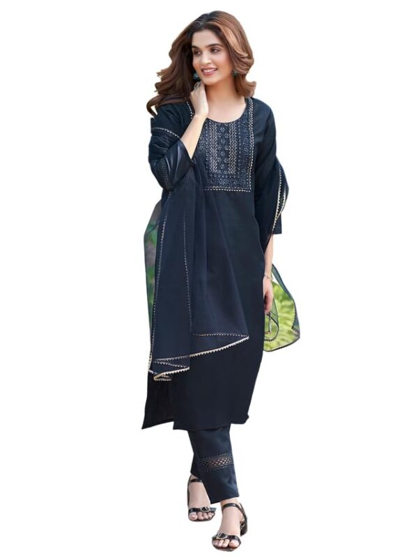 SKYLEE Sequence Embroidery Cotton Straight Kurta with Dupatta – Navy Blue Cotton Blend with Embroidery and Lace