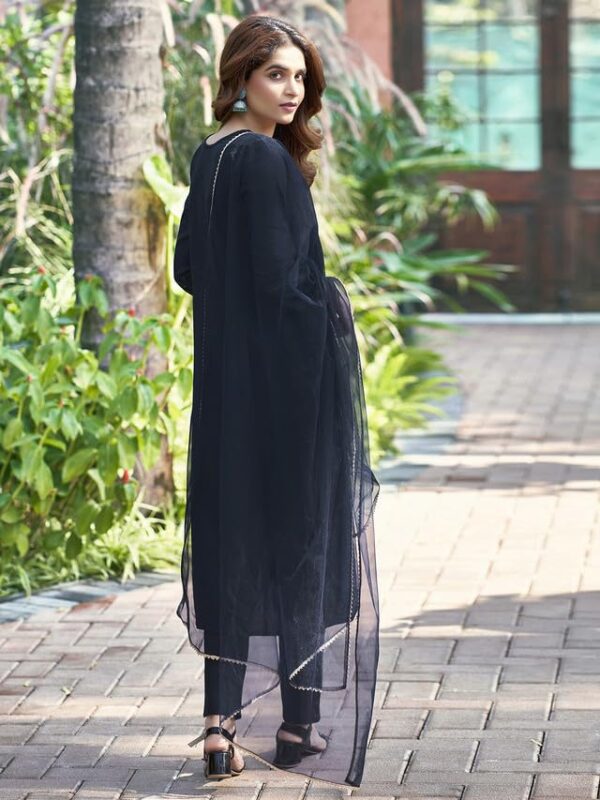 SKYLEE Sequence Embroidery Cotton Straight Kurta with Dupatta – Navy Blue Cotton Blend with Embroidery and Lace