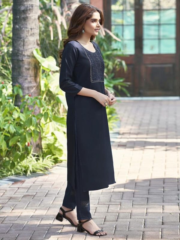 SKYLEE Sequence Embroidery Cotton Straight Kurta with Dupatta – Navy Blue Cotton Blend with Embroidery and Lace