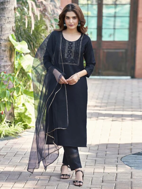 SKYLEE Sequence Embroidery Cotton Straight Kurta with Dupatta – Navy Blue Cotton Blend with Embroidery and Lace